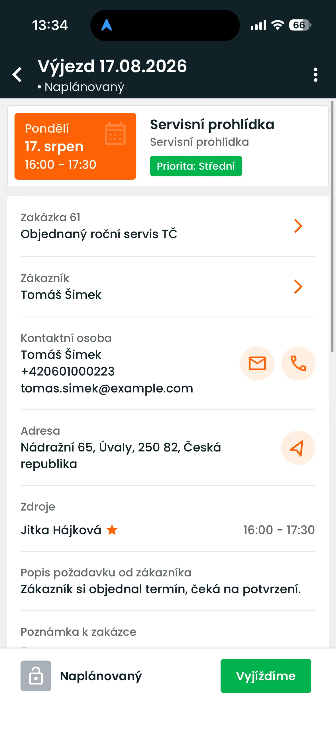 Detail výjezdu s tlačítky pro změnu stavu.