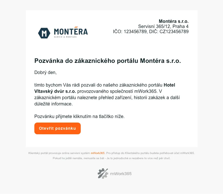 E-mail s pozvánkou do zákaznického portálu a odkazem pro vytvoření přístupu.